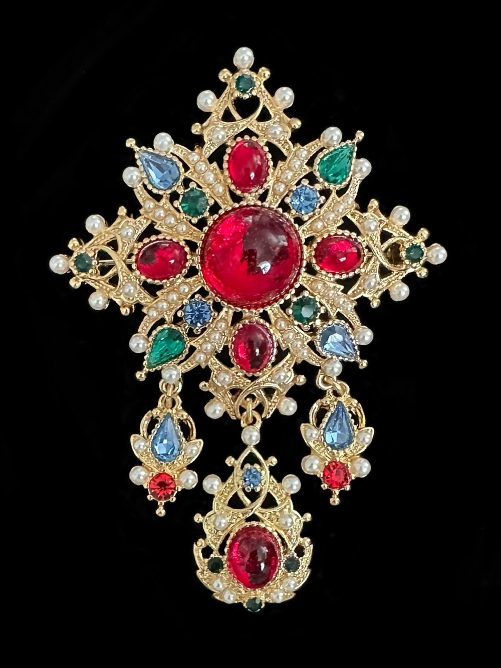 Elegant Multi-Color Gem Cross Brooch - Gold Tone